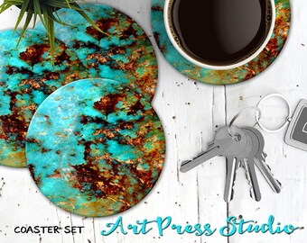 Turquoise Stone Coasters, Set of 4 Cork Back Faux Turquoise Coasters, Boho Turquoise Stone Coaster Set