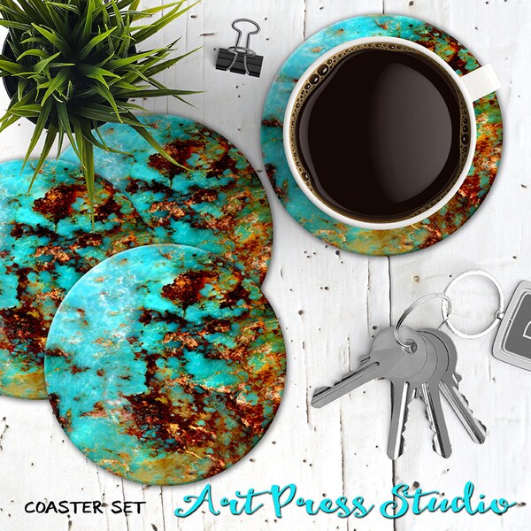 Turquoise Stone Coasters, Set of 4 Cork Back Faux Turquoise Coasters, Boho Printed Turquoise Stone Coaster Set