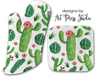 Oven Mitt Pot Holder and Kitchen Towel Set, Cactus Oven Mitt, Cactus Flower Pot Holder,  Gift for Cook, Personalized, Cactus Kitchen Towel