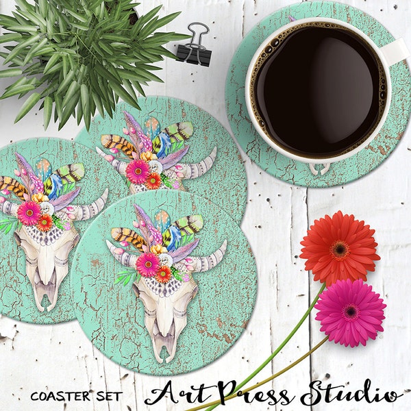 Feathers and Flowers Cow Skull on Crackled Turquoise Wood Coaster Set, Boho Chic Coasters, Tribal Cow Skull Mouse Pad, Bohemian Office Decor