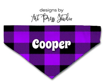 Personalized Purple Buffalo Plaid Dog Bandana, Custom Over the Collar Pet Bandana, Purple and Black Plaid Personalized Pet Bandana
