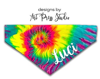 Personalized Tie Dye Dog Bandana, Custom Over the Collar Pet Bandana, Neon Rainbow Pet Bandana, Hippie Dog Bandana, Personalized Pet Bandana
