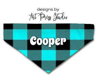 Personalized Turquoise Buffalo Plaid Dog Bandana, Custom Over the Collar Pet Bandana, Blue and Black Plaid Personalized Pet Bandana