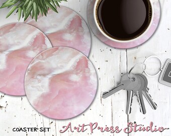 Pink Marble Coasters, Set of 4 Cork Back Pink Marble Coasters, Pastel Marble Coasters, Natural Stone Stone Coaster Set