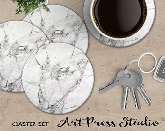White Marble Coasters, Set of 4 Cork Back Marble Coasters, Carrera Marble Coasters, White Stone Coaster Set