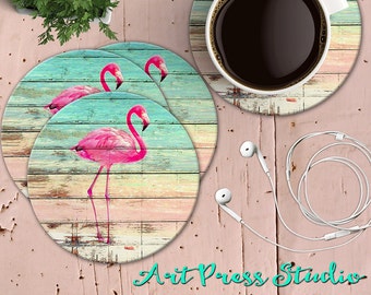 Pink flamingo Coasters, Key West Chic Flamingos on Wood, Set of 4 Tropical Coasters, Shabby Beach House Coaster, Summer Coasters