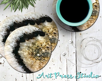 Geode Coasters, Black and Gold Geode Coasters, Set of 4 Cork Back and Gold Crystal Coasters, Gemstone Coasters, Workspace Decor, Office Gift