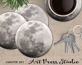 Full Moon Coasters, Moon Coaster, Set of 4 Cork Back Full Moon Coasters, Astronomy Coasters, Geekery Coaster Set