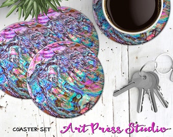 Pink Abalone Coaster Set, Rainbow Seashell Coasters, Beachy Boho Chic Art Coasters,