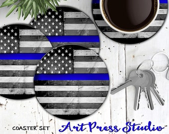 Thin Blue Line Coasters, Set of 4 Cork Back Blue Line American flag Coasters, Police Officer Coasters