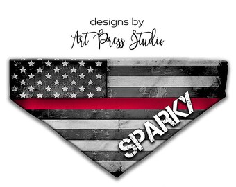 Personalized Thin Red Line Dog Bandana, Custom Over the Collar Pet Bandana, Pet Bandana, Thin Red Line Flag Personalized Dog Bandana