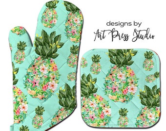 Oven Mitt Pot Holder and Kitchen Towel Set, Pineapple with Tropical Flowers Oven Mitt, Gift for Cook, Personalized, Kitchen Towel