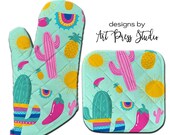 Oven Mitt Pot Holder and Kitchen Towel Set, Fiesta Cactus Oven Mitt, Cactus Flower Pot Holder, Gift for Cook, Personalized, Kitchen Towel