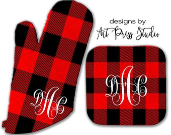 Oven Mitt Pot Holder and Kitchen Towel Set, Buffalo Plaid Oven Mitt, Red and Black Winter Plaid, Gift for Cook, Personalized, Kitchen Towel