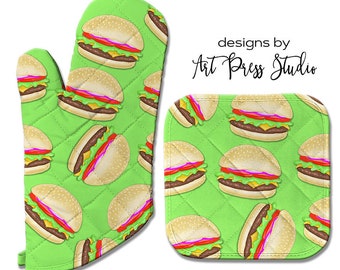 Oven Mitt Pot Holder and Kitchen Towel Set, Hamburger Oven Mitt, Junk Food, Gift for Cook, Personalized, Cheeseburger Kitchen Towel