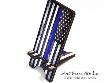Thin Blue Line Cell Phone Charger Stand, Police Officer Smart Phone Charging Stand, American Flag Blue Line Cell Phone Holder