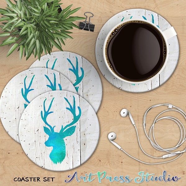 Deer Head Coaster Set, Boho Stag Head on White Wood Coasters, Turquoise Deer Coasters, Boho Chic Coasters