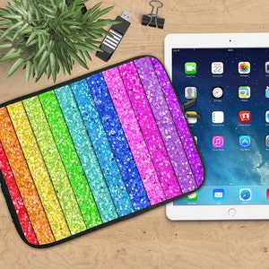 Glitter Rainbow iPad Sleeve, Rainbow Neoprene Tablet Sleeve, iPad Sleeve, iPad 2/3/4, iPad Air Sleeve, Tablet Travel Case image 1