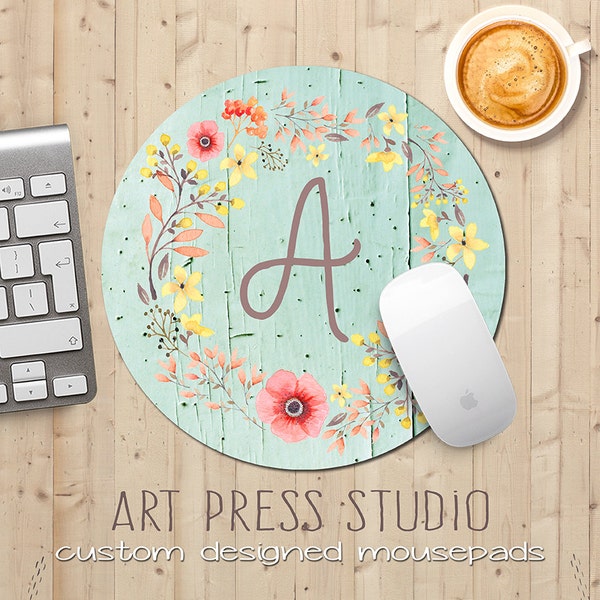 Monogrammed Floral Wreath Mousepad, Poppies on Mint Wood, Initial Monogram Mouse Pad, Shabby Chic Mousepad, Boho MousePad, Teacher's Gift