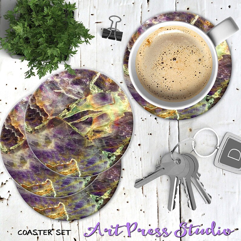 Set of 4 Cork Purple Stone Cork Back Marble Coasters Gift Under 20 Quartz Stone Coasters Boho Marble Coasters Printed Marble Coasters