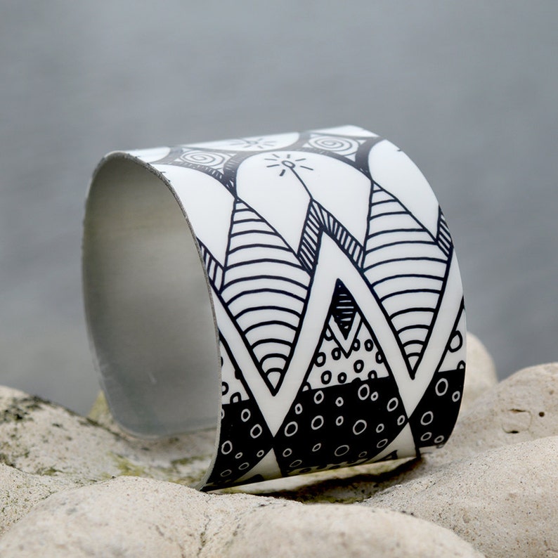 Geometric Pattern Cuff Doodle Art Cuff Adjustable Metal Cuff Black and White Doodle Cuff Aztec Cuff Custom Printed Cuff Bracelet