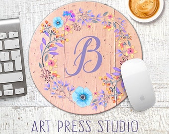 Monogrammed Floral Wreath Mousepad, Flowers on Peach Wood, Initial Monogram Mouse Pad, Shabby Chic Mousepad, Boho Chic Mouse Pad