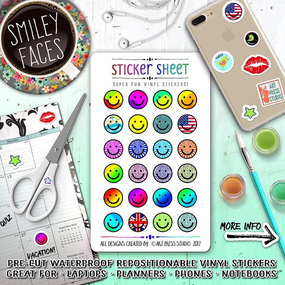 Smiley Face Sticker Sheet Emoji Sticker Sheet 24 Cute Happy | Etsy