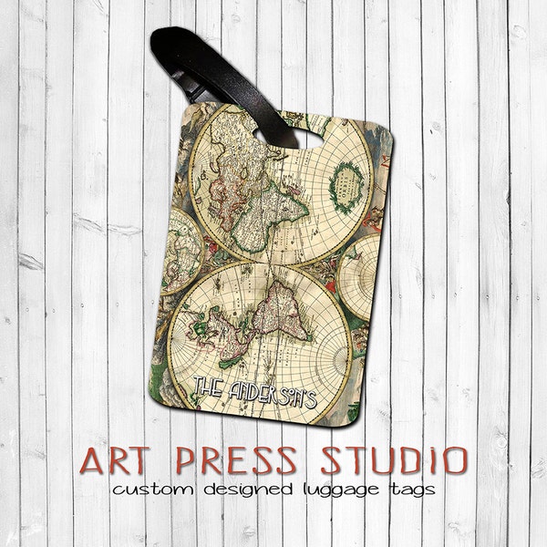 Vintage Old World Map Luggage Tag,  Personalized Vintage Map Bag Tag, Antique Map Luggage Tag