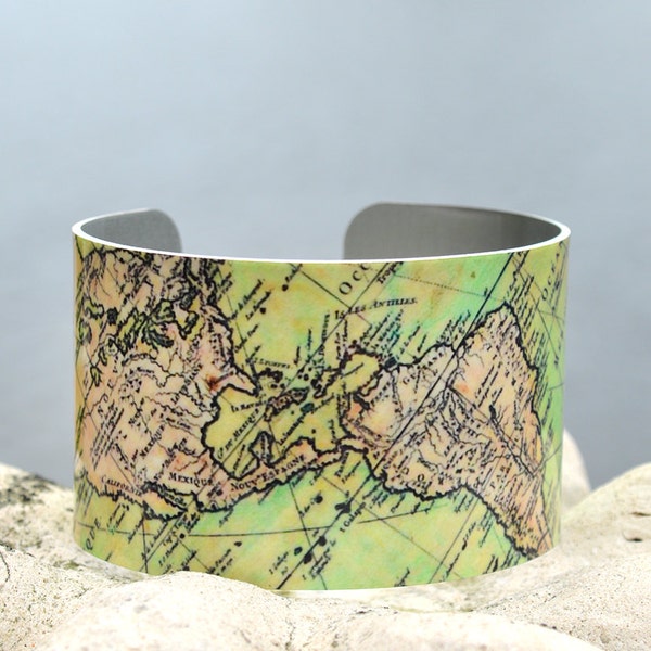 Vintage Map Cuff, Old World Map Cuff, Travel Cuff, Vintage Print Cuff, Adjustable Metal Cuff, Custom Printed Cuff Bracelet