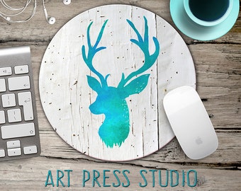 Deer Mousepad, Turquoise Deer Head on White Wood Mousepad, Watercolor Stag Head on Crackled White Wood Mousepad, Boho, Christmas Gift