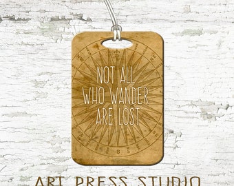 Not all Those Who Wander Are Lost  Luggage Tag, Vintage Compass Bag Tag, Initial Monogram Luggage Tag