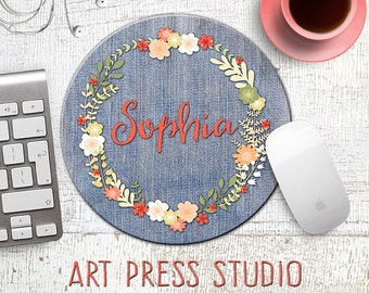 Denim Mousepad, Personalized Denim Mousepad, Floral Wreath Mousepad, Your Name on Denim Mousepad, Boho Mousepad, Christmas Gift