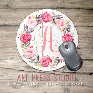 Pink Roses Mousepad, Monogram Initial Mousepad, Shabby Chic Roses on Wood Mouse Pad, Cottage Chic Wreath Mousepad, Boho Chic Mouse Pad