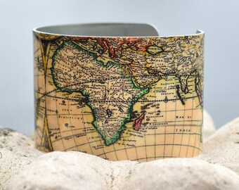 Vintage Map Cuff, Old World Map Cuff, Travel Cuff, Vintage Print Cuff, Adjustable Metal Cuff, Custom Printed Cuff Bracelet