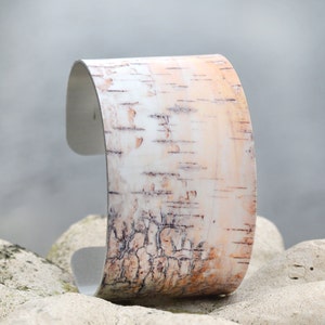 Birch Tree Cuff, BirchBark Cuff, Adjustable Metal Cuff, Boho Chic Cuff, Custom Printed Cuff Bracelet, Photo Cuff