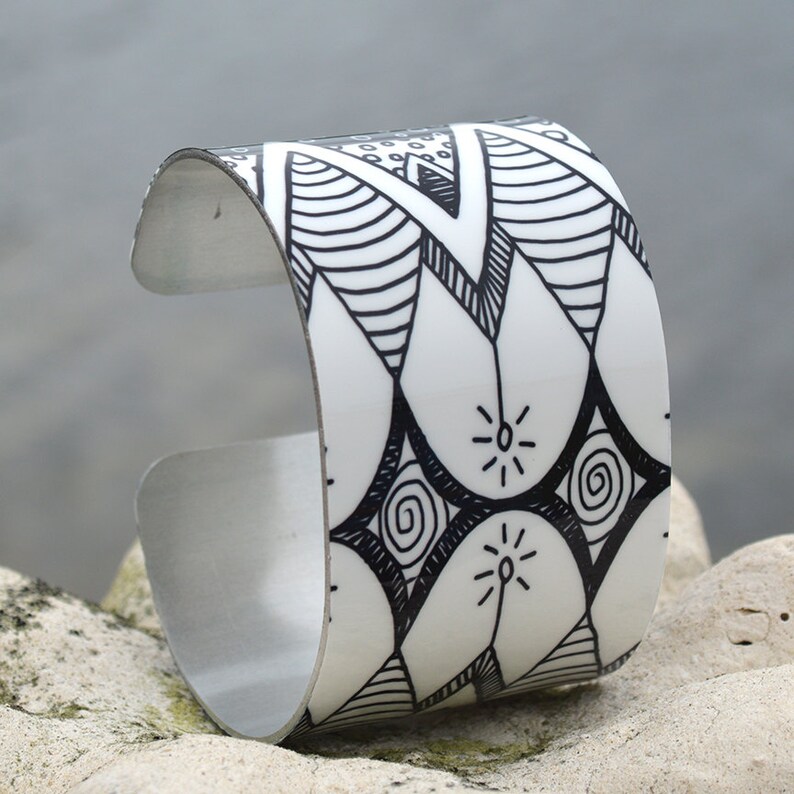 Geometric Pattern Cuff Doodle Art Cuff Adjustable Metal Cuff Black and White Doodle Cuff Aztec Cuff Custom Printed Cuff Bracelet