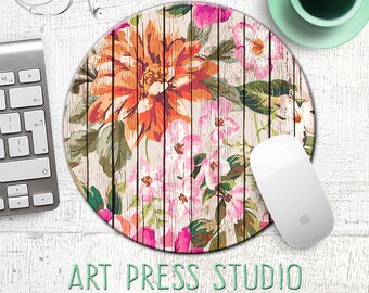 Flowers on Wood Mousepad, Tropical Flowers on Rustic Wood Planks, Shabby Chic Mousepad, Boho Chic Mouse Pad