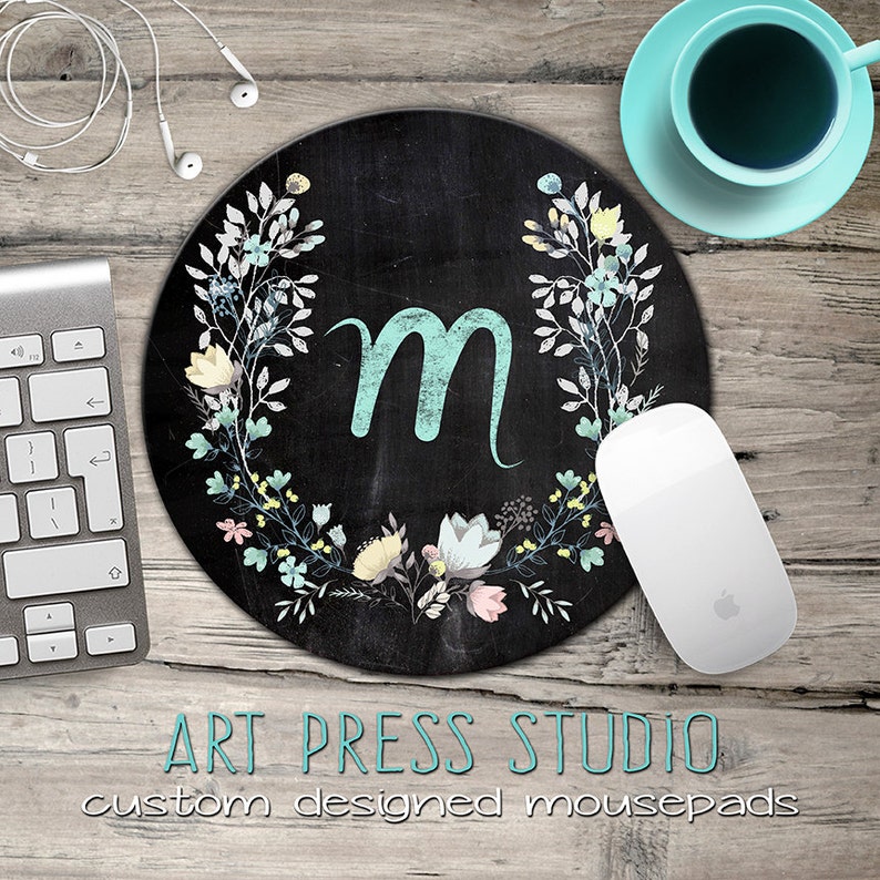 Chalkboard Initial Mousepad, Chalkboard Wreath Mouse Pad, Chalk Monogram and Flowers Mousepad, Boho Chic Mouse Pad image 1
