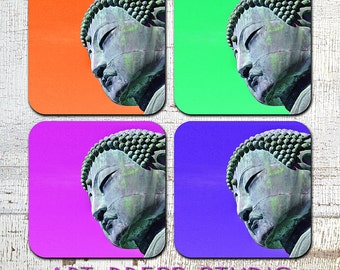 Buddha Coasters, "POP Buddha" Coasters, Cork Back Coasters, Boho Chic Zen Coasters, Set of 4 Cork Back Coasters