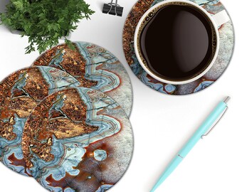 Copper and Blue Agate Coasters, Gemstone Coaster Set, Boho Desk Accessory, Precious Stone Coasters, Geode Coasters, Natural Marble Stone