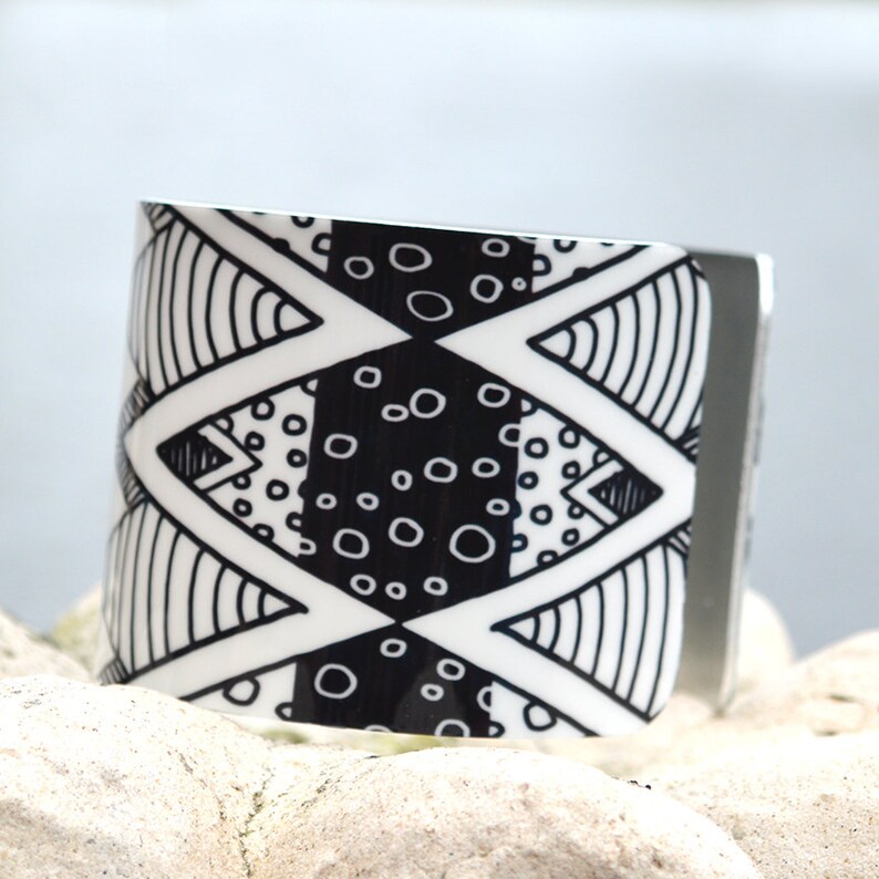 Geometric Pattern Cuff Doodle Art Cuff Adjustable Metal Cuff Black and White Doodle Cuff Aztec Cuff Custom Printed Cuff Bracelet