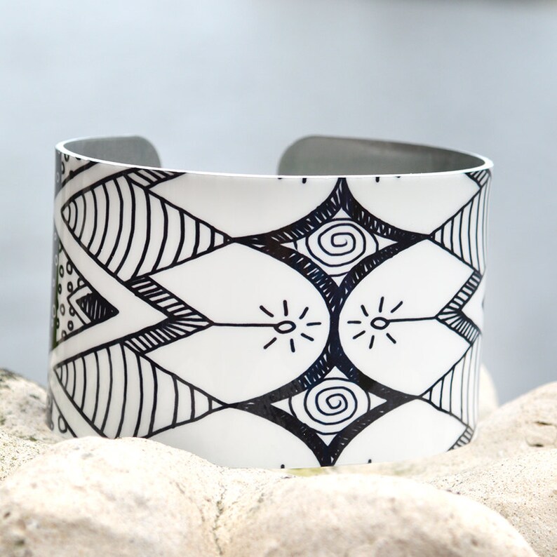 Geometric Pattern Cuff Doodle Art Cuff Adjustable Metal Cuff Black and White Doodle Cuff Aztec Cuff Custom Printed Cuff Bracelet
