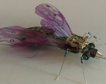 Recycled electronic art fly sculpture handmade