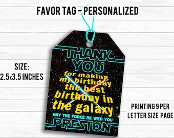 Kids Birthday Favor Tag, Favor Label, Thank You Gift Tag, Personalized, Star Background Galaxy Wars Young Knight Lady Jedi Digital File Only