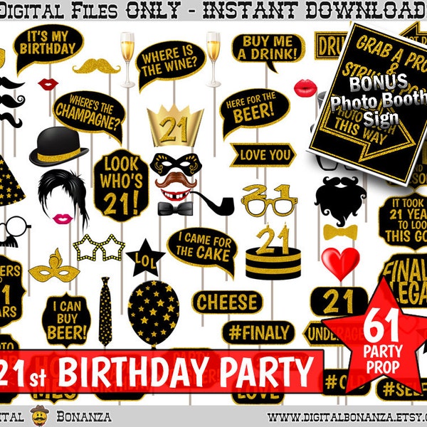 21st Birthday Party Printable Photo Booth Props. Black and Gold Glitter. Photobooth Selfies, Speech, Glasses, Hats, Ties, Lips, Mustaches.