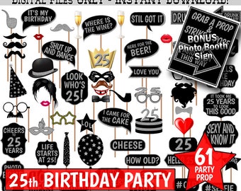 Accessori per Photo Booth per 25° compleanno, glitter neri e argento. Photobooth stampabile.