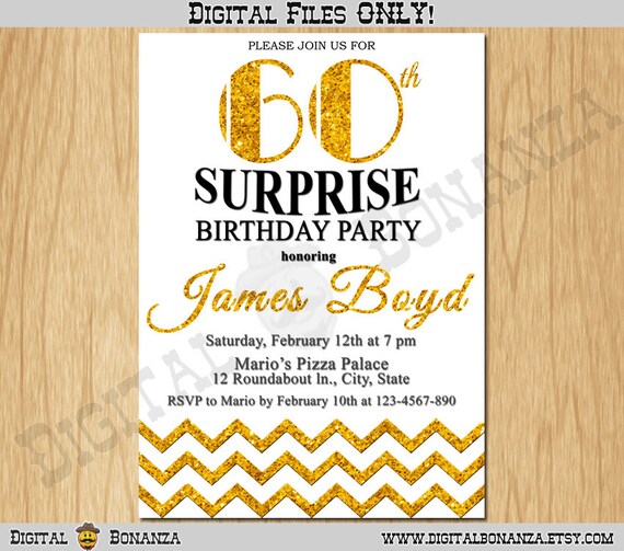 60th Birthday Invitation Gold Glitter Birthday Party Chevron Invite Adult White Elegant Surprise Party Birthday Printable Digital AB11-60 Il_570xn