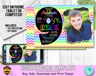 9th Birthday Invitation Rainbow Chevron. Edit Yourself Online. Nineth Birthday Party Invite with Photo Printable Digital DIY Corjl