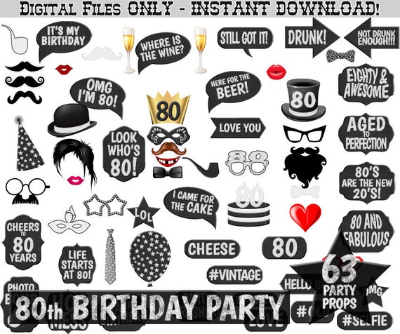80th Birthday Party Printable Photo Booth Props Chalk and Blackboard. Photobooth Selfie, Chalkboard Birthday Party Black and White Printable Il_570xn