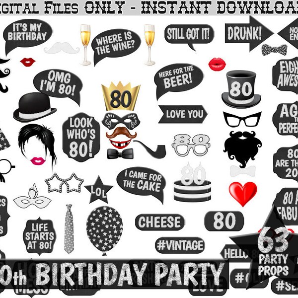 80th Birthday Party Printable Photo Booth Props Chalk and Blackboard. Photobooth Selfie, Chalkboard Birthday Party Black and White Printable